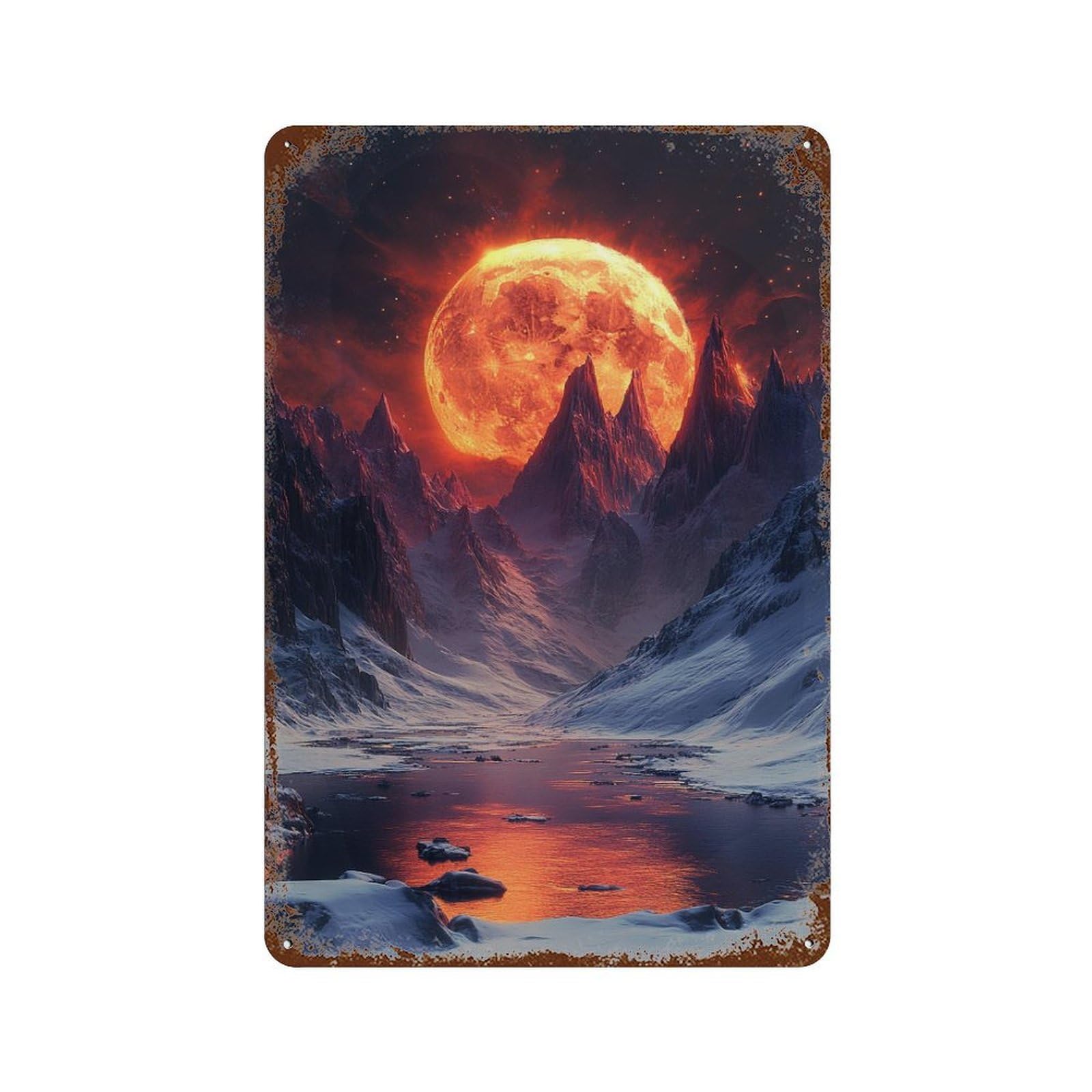 Fiery Moonlit Mountain Valley Vintage Rust Metal Sign 11.8"x7.9", for Garage, Bar And Workshop Decor, Decorative Metal Wall Art
