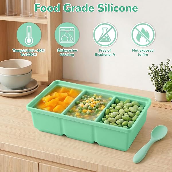 2 Pieza Moldes de silicona para sopa para congelador con tapas,Bandeja de Silicona para Congelador,Apilables Silicona para Cubitos de Hielo Molde, con 3 Compartimentos,300 ml - 3
