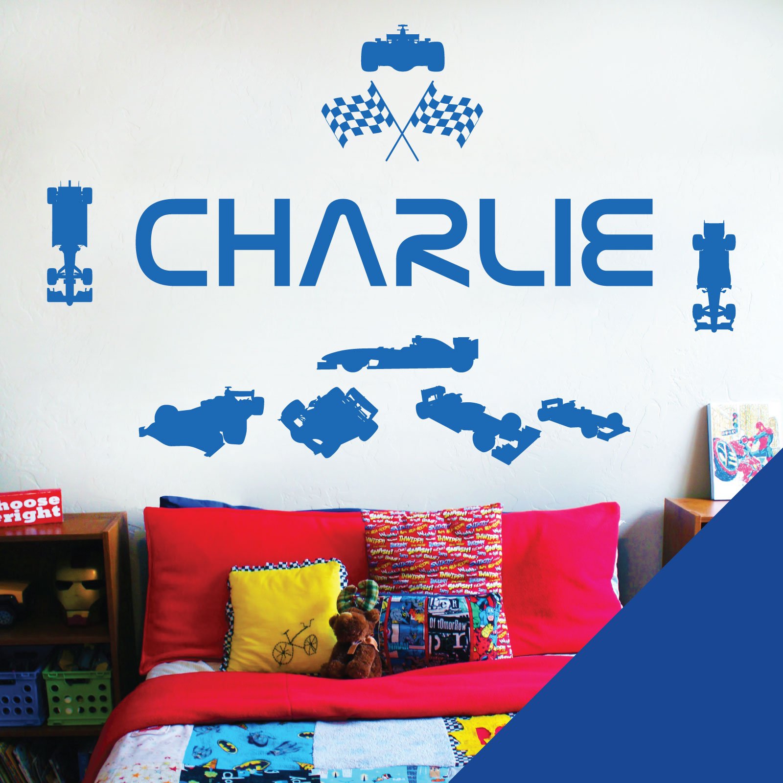 Personalised Name Children Wall Art Sticker - Racing Driver Formula 1 Cars Sport [Medium] [Mid Blue]