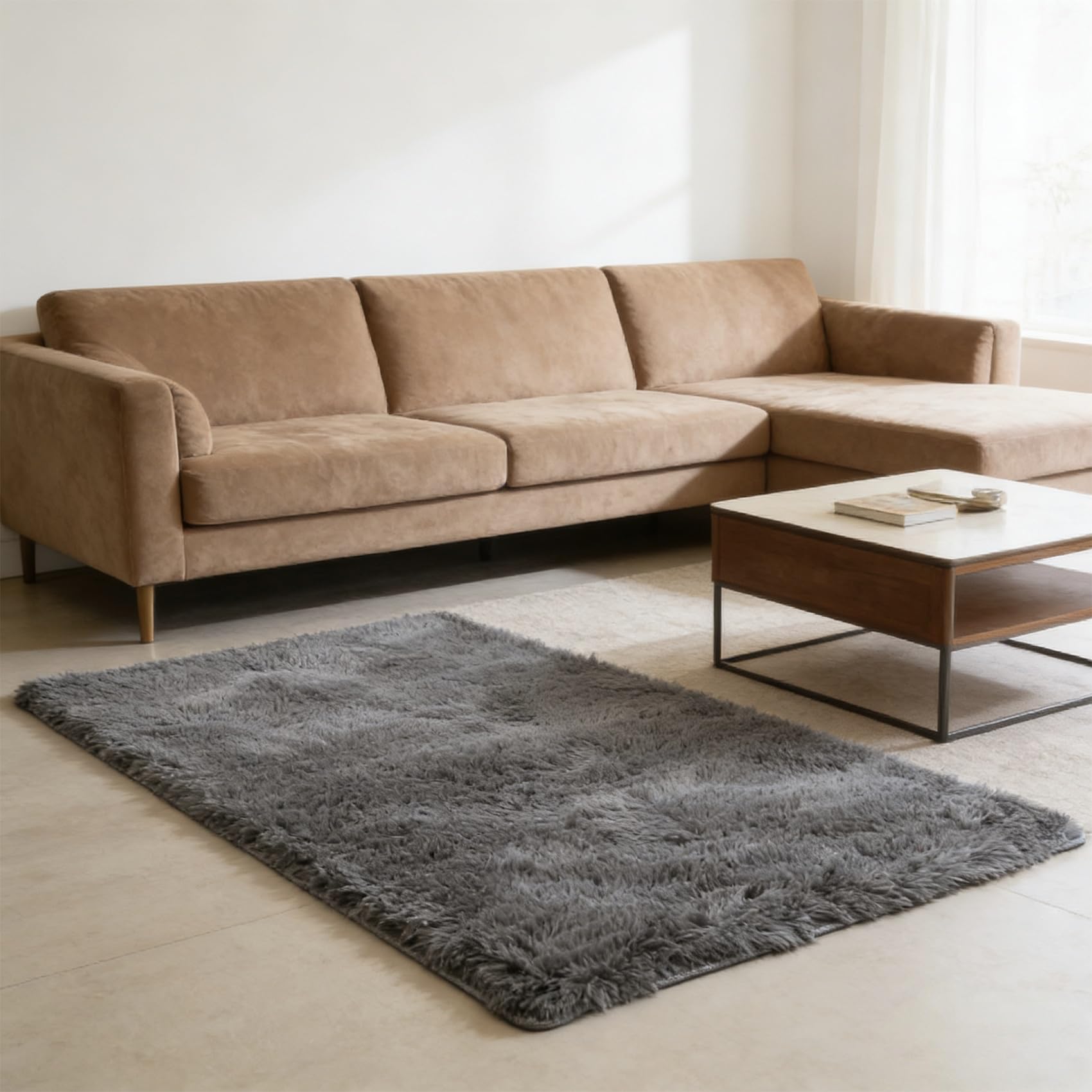 Tapis de salon moderne gris à poils longs tapis ultra doux pour chambre et bureau