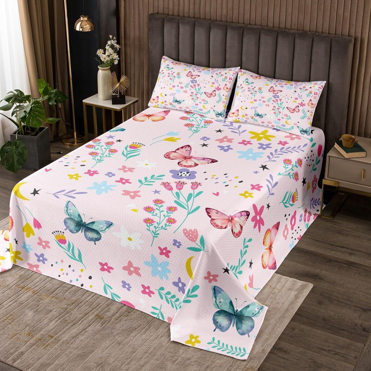 Erosebridal Floral Butterfly Coverlet Set King Comforter for Kids Baby Rainbow Animal Bedspread Set Spring Botanical Cartoon Floral Flower Bedding Sets Dreamy Fantasy Girly Preppy Cute Bed Sets