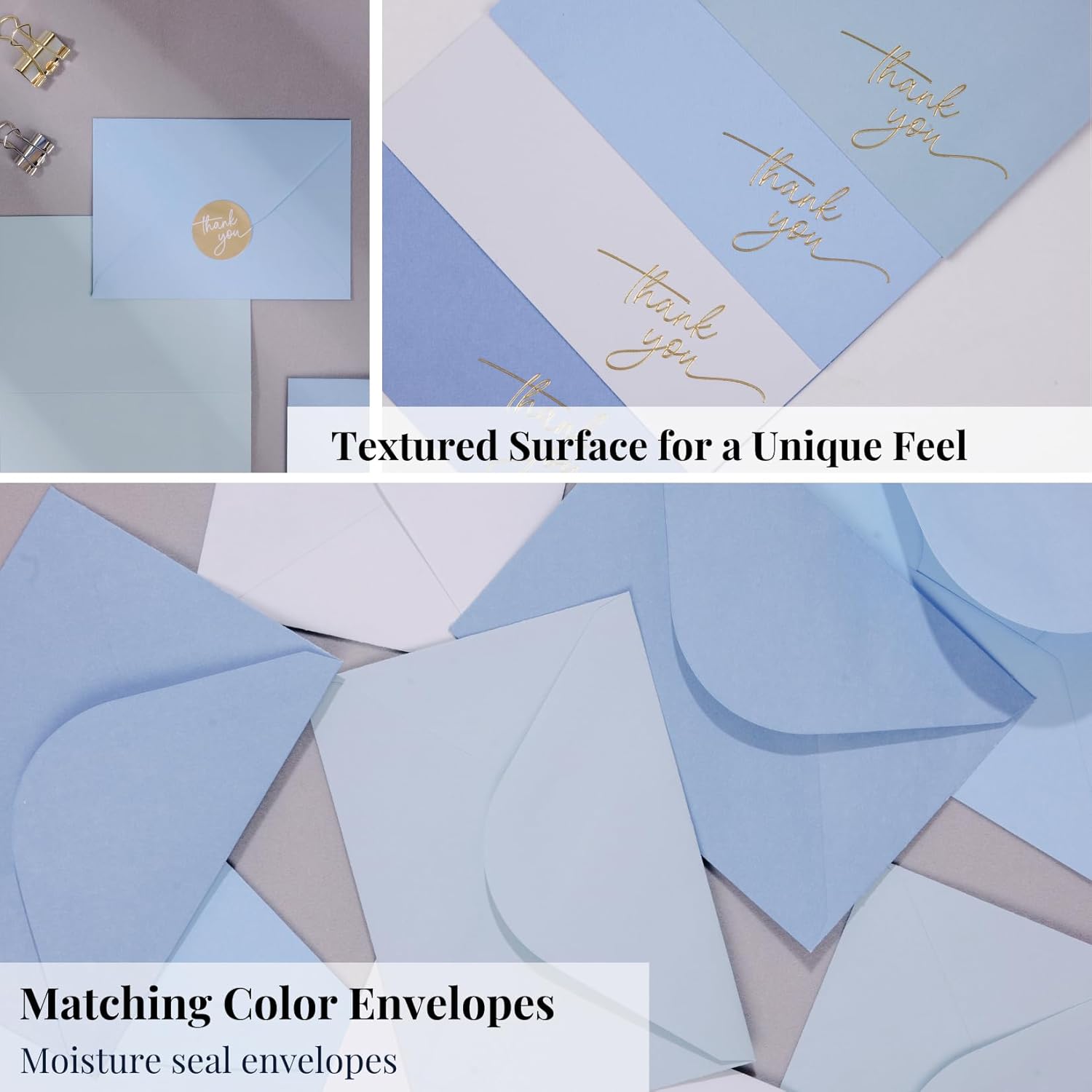 Gold Foil Thank You Cards - Bulk Pack of 40, 5x3.5 Inch with Matching Stickers & Envelopes (Blue) Textured Surface for a Unique Feel - Suitable for Baby Shower, Wedding, Small Business, Graduation - Image 7