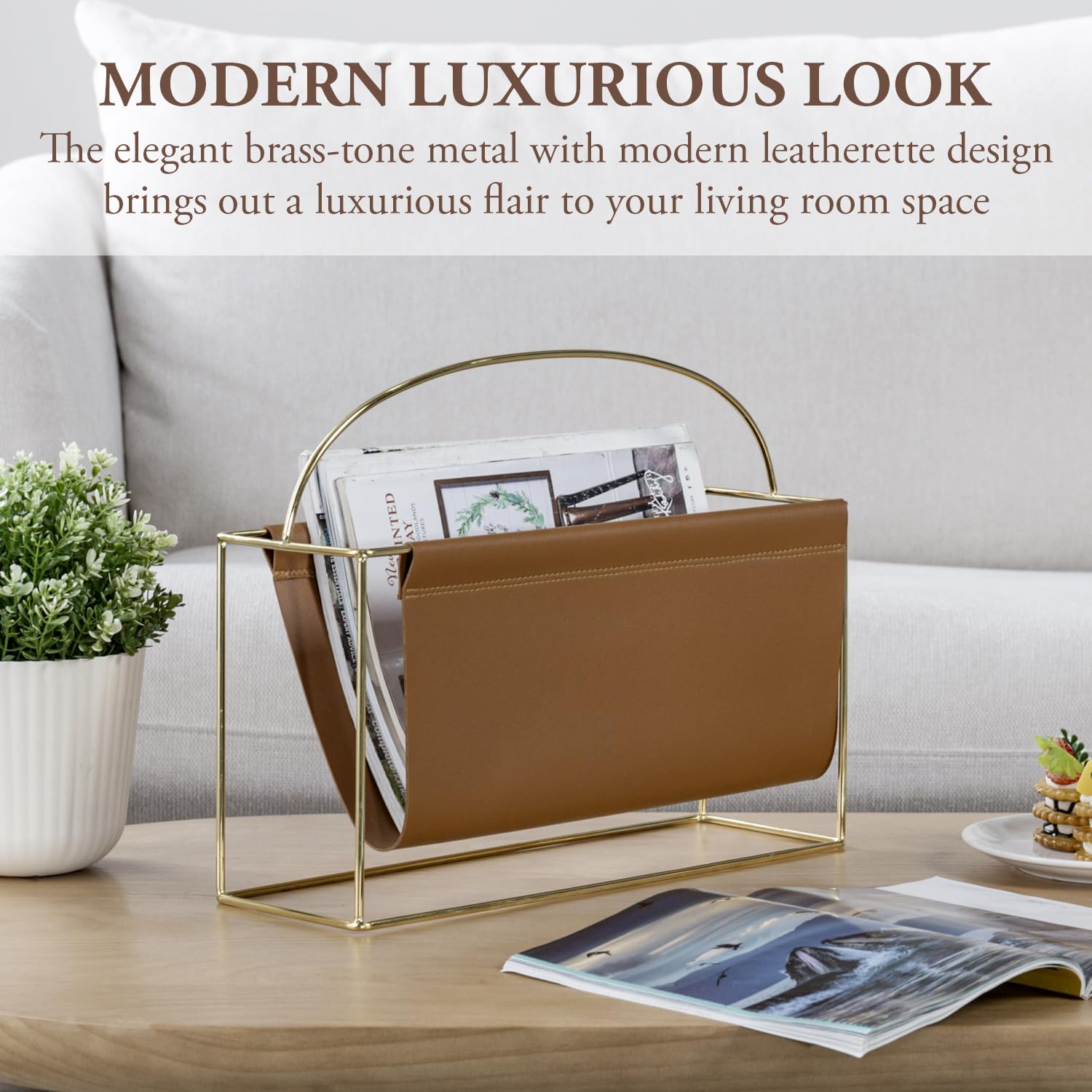 MyGift 15 Inch Mid Century Modern Magazine Holder with Brass Tone Metal Frame and Caramel Brown Leatherette Sling, Freestanding Storage Organizer Newspaper Rack
