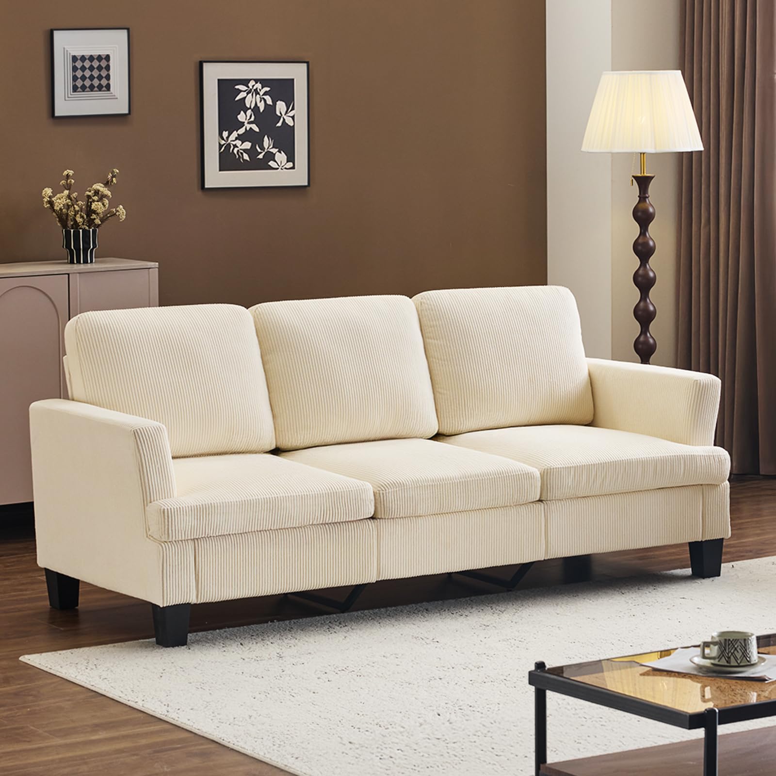 VINGLI Beige 83" Sofa Couches for Living Room, Corduroy Modern Comfy 3 Seater Couch 25.6" Deep Seat Upholstery Cozy Sofas for Small Space, Bedroom,