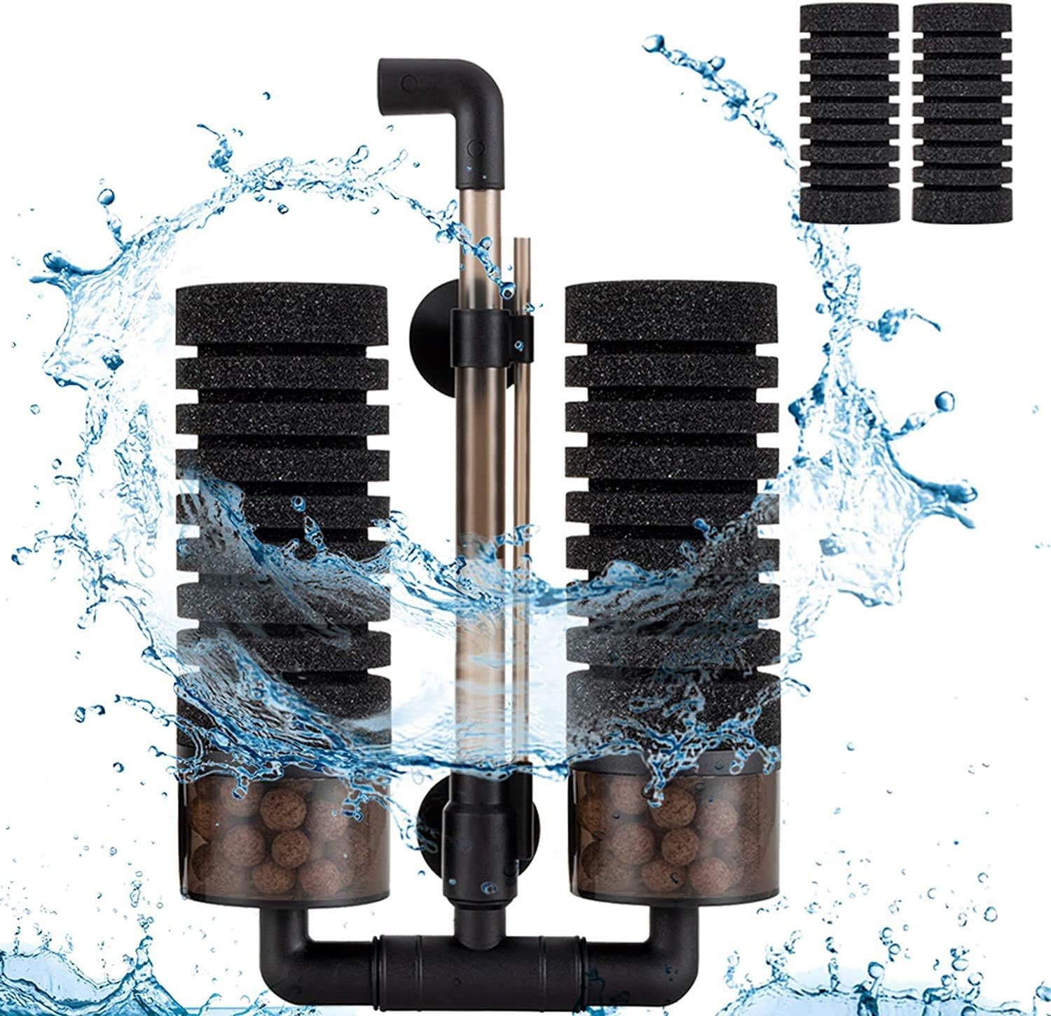 hygger Aquarium Double Sponge Filter, Comes with 2 Spare Sponges, 1 Bag of Bio Ceramic Media Balls, Quiet Submersible Foam Filter for Fresh Water and Salt-Water Fish Tank (Dual S (10-40 Gallon))