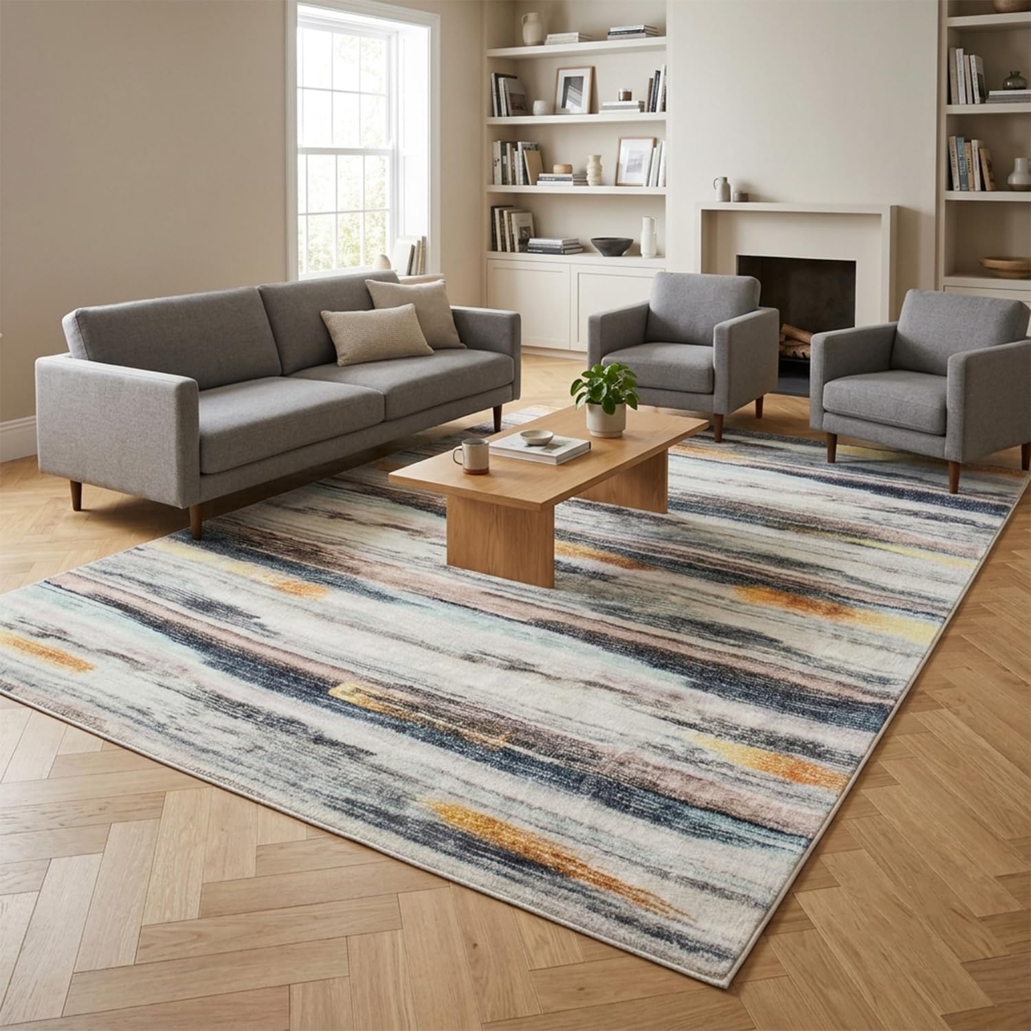 Teppich Wohnzimmer Schlafzimmer Kurzflor Moderner Teppich Weich rutschfest Streifenmuster Abstrakt Teppiche Groß (Mehrfarbig, 200 x 250 cm)