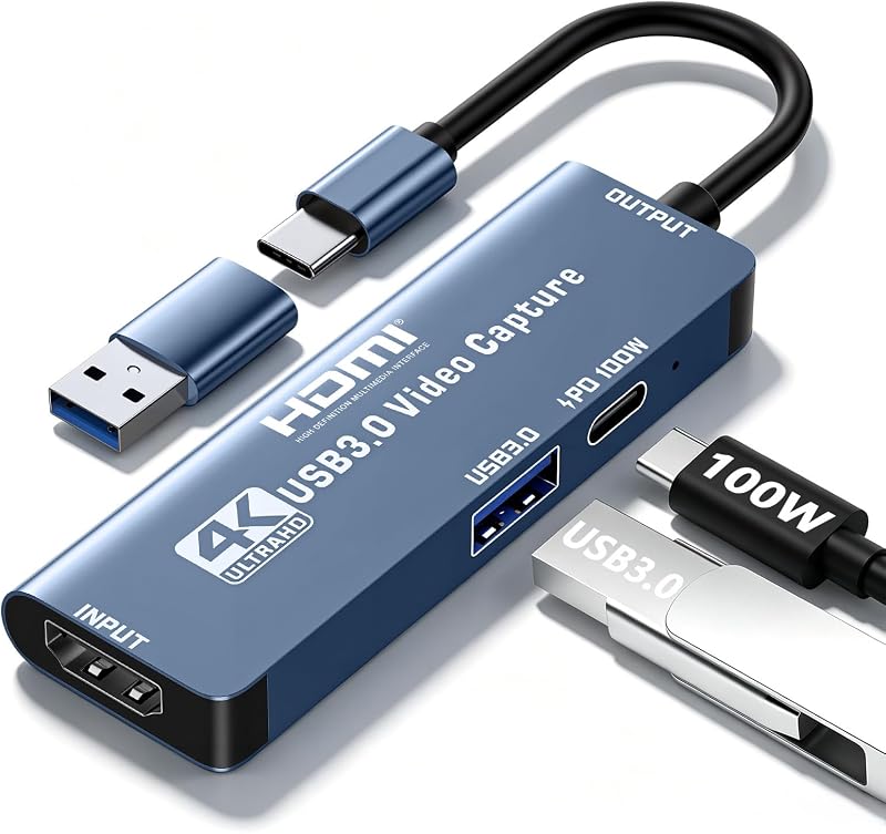 Tarjeta de captura 4K Dispositivo de grabación de captura de vídeo HDMI a USB A/C | con puerto USB 3.0 y PD de 100 W para Quest 3, PS5/4, Switch 2/1, cámara, Xbox, tableta, PC, OBS, MacOS/Windows, Plug & Play