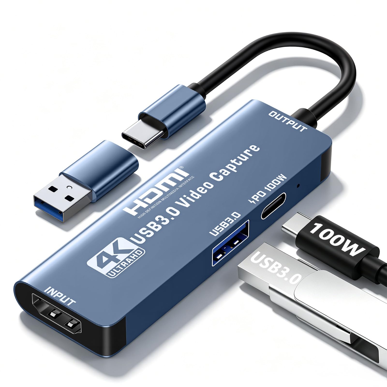 Dispositivo de captura de video con tarjeta de captura HDMI con conector dual USB/tipo C/PD de 100 W de carga/puerto OTG USB 3.0, adaptador de grabación de transmisión HDMI para Quest 3, Switch, PS5/4