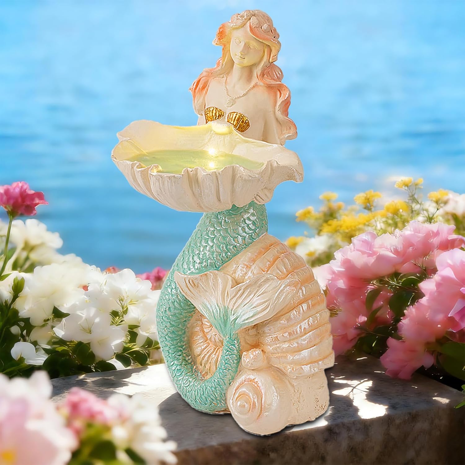 Teaeeno Solar Mermaids Birdbath Garden Decor: Outdoor Statues Ornaments for Outside Decorations Yard Art Lawn Porch Patio Balcony - Birthday Gifts for Mom Grandma Women Lover