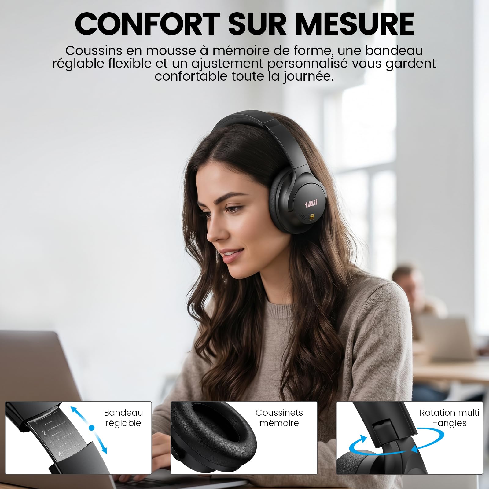1Mii Y8 Casque Bluetooth sans Fil 6.0 Réduction de Bruit Active, Casque Audio Hi-Res Anti Bruit, 100H d'Autonomie, Basses Profondes, Confortable, IA Chat Vocal, EQ Personnalisable Via App - Noir