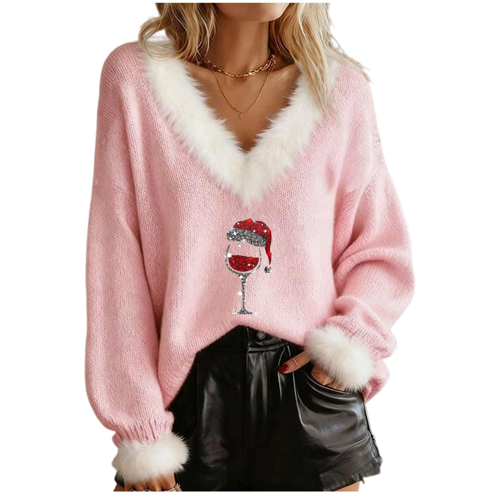 Christmas Sweaters for Women Cute Santa Claus Long Sleeve Fur Collar Knitted Top Xmas Red Wine Glass Pullover