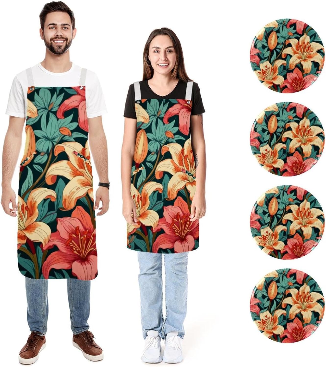 Dragon Sword 2 Pack Kitchen Apron for Men Women with Adjustable Straps and Large Pockets, Cotton Canvas Water Resistant Bib Soft Chef Apron Spring Garden Lily for Cooking Gardening Salon