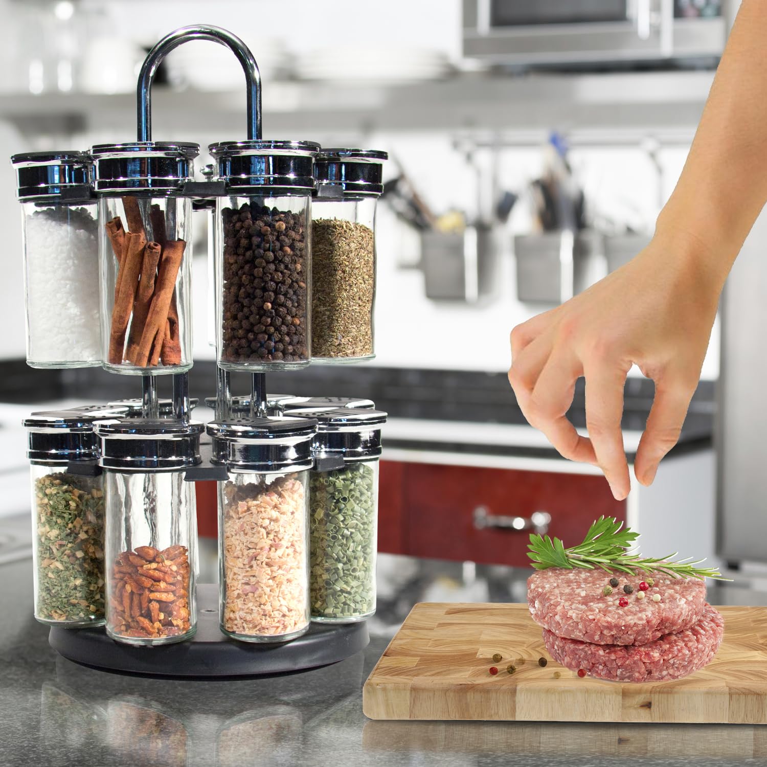 COOK CONCEPT Carosello Rotondo di 16 Vasi per Spezie con 2 Livelli, 19 cm x 19 cm x 31.5 cm, Trasparente/Nero
