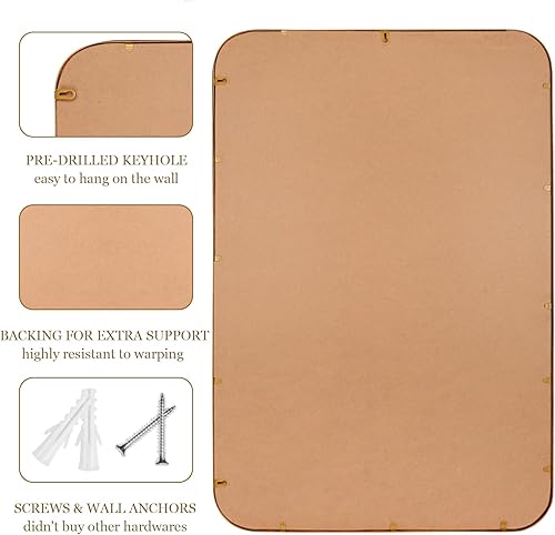 Miniatura 6 de Espejo de pared para baño, espejo rectangular de 24 x 36 pulgadas, marco de cuentas de esquina redondeada, espejo de tocador grande que se cuelga