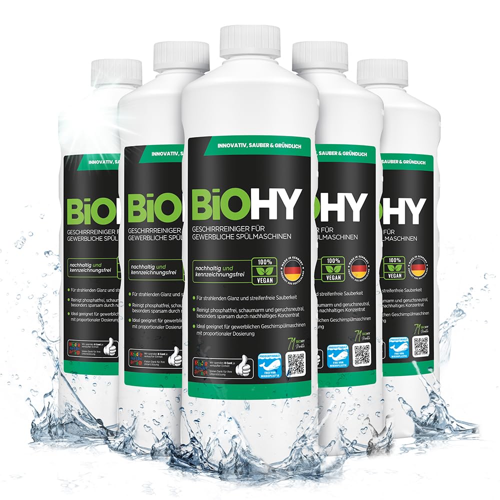 BiOHY Detergente para lavavajillas comercial (6 botellas de 1 litro) | Fórmula para disolver el las grasas | Apto para gastronomía, industria y hogares (Geschirrreiniger)