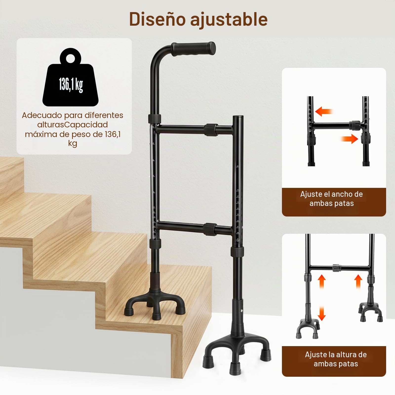 Bastón, Ayuda para Subir Escaleras Muletas para Personas Mayores Altura (85-115 Cm) Y Ancho (22-36 Cm) Ajustables Base Cuadrúpeda Bastón/Ayuda para Subir Escaleras Versátil Diseño 2 En 1