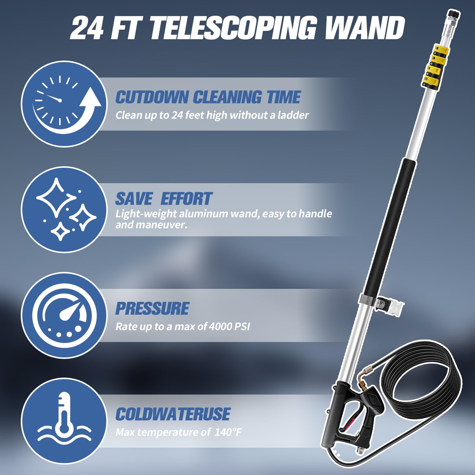 Lanza telescópica de alta presión – 7,3 m varilla telescópica para hidrolimpiadora, con 3 extensiones, 5 boquillas, 2 acoplamientos y correa de transporte (4000 psi)