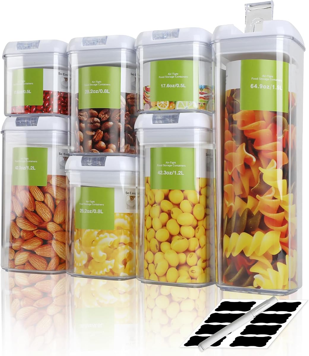 Airtight Food Storage Containers Set 7pcs，BPA-Free Plastic Canisters with Lids for Kitchen Organization Spaghetti, Pasta, Dry Food, Flour, Cereal and Sugar Stackable Pantry Storage Containers