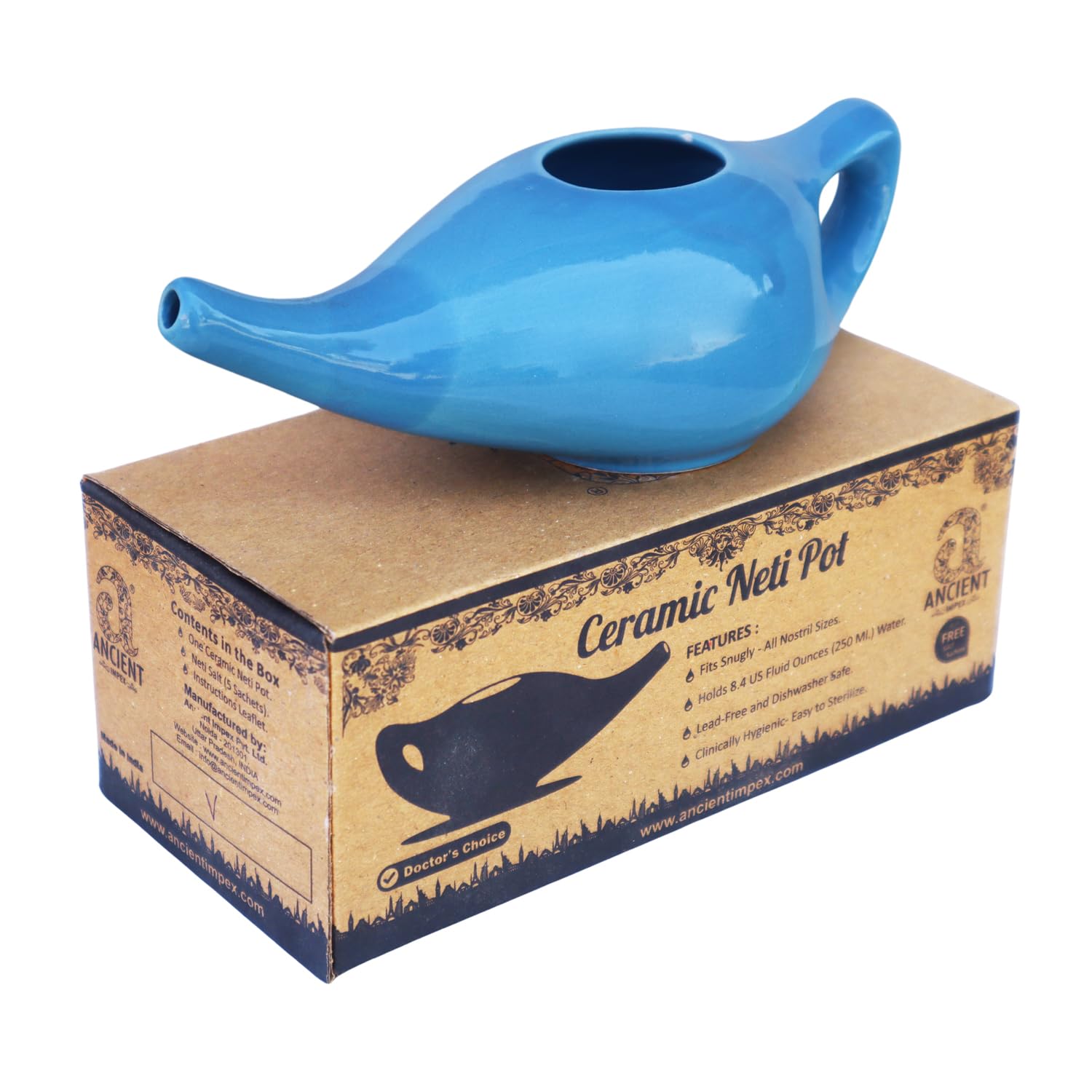 Olla Neti de cerámica de porcelana para limpieza nasal | Tratamiento Natural para Sinusitis, Infecciones y Congestión | Olla Neti con 5 sobres de sal Neti + folleto de instrucciones - Verde elegante