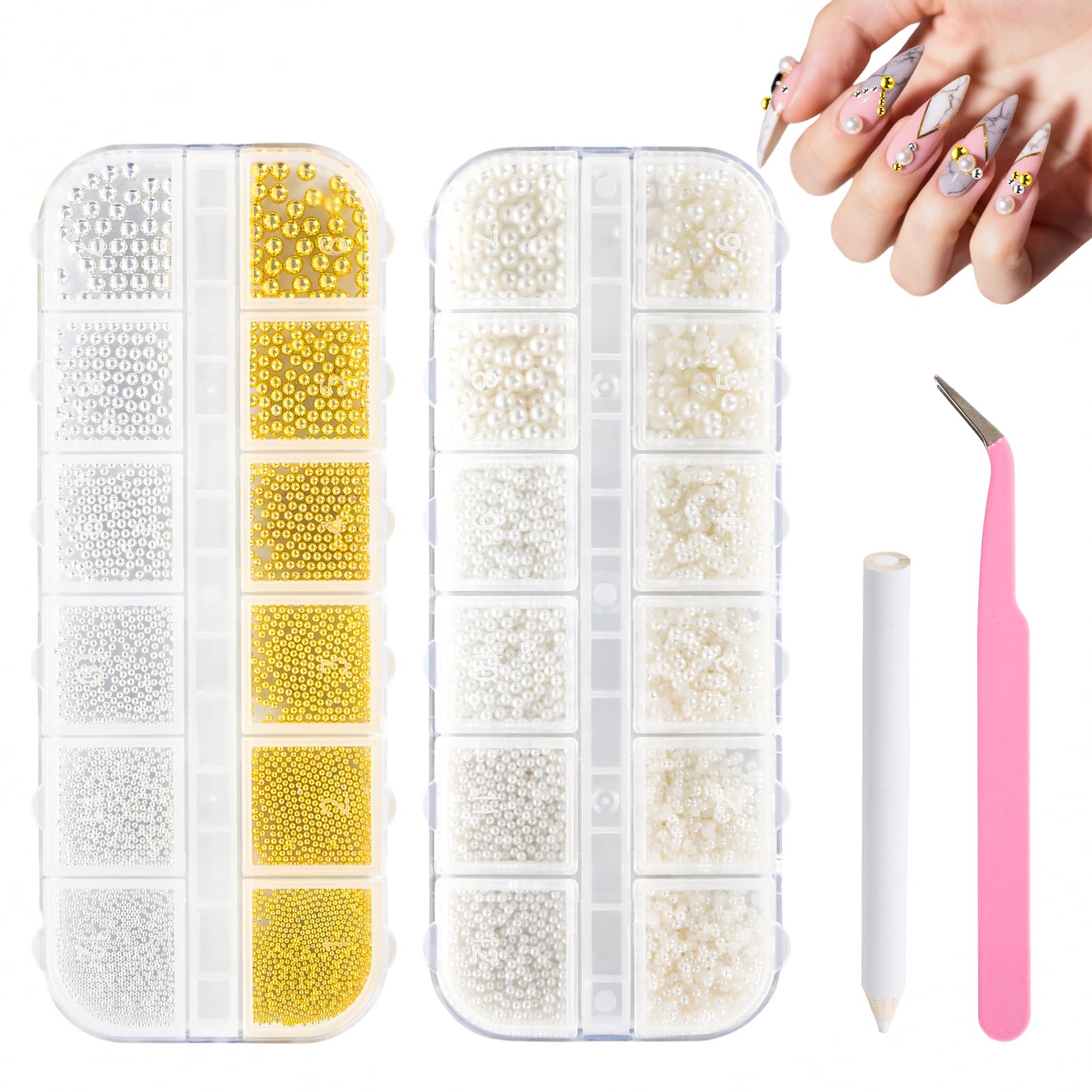2 Boxes of Nail Stones, Nail Charms with 6 Sizes Sliver and Gold Caviar Beads, 3 Sizes Semi-Round and Rounded Beads Nails