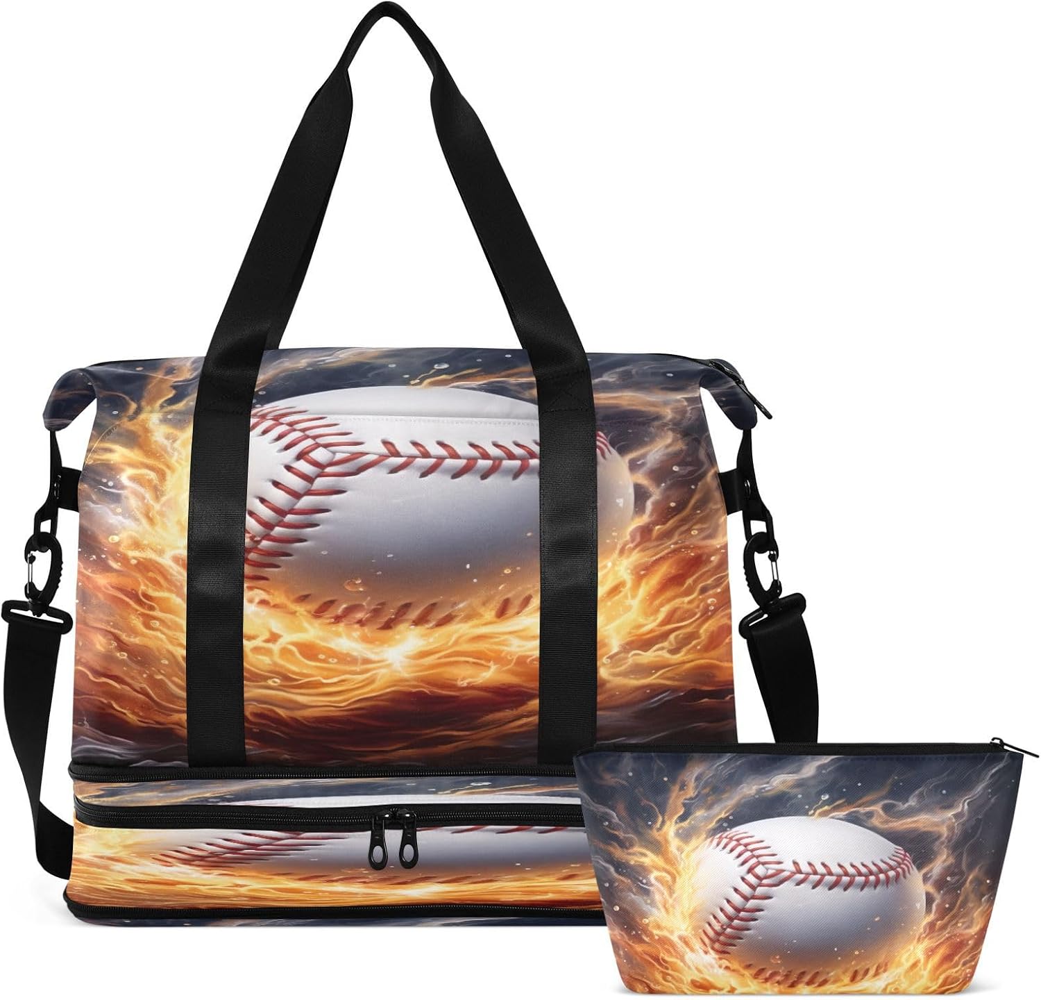 Kigai Ice Fire Baseball Gym Bag for Women & Men,Waterproof Weekender Overnight Bag with Shoes Compartment Sports Duffel Bag for Gym Yoga Swimming Camping