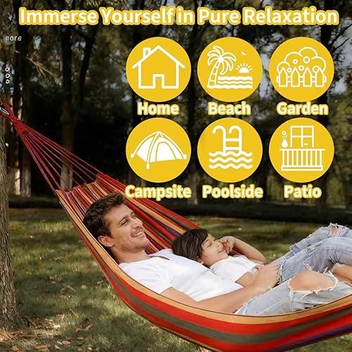 Miniatura 6 de Paquete de 2 hamacas  Hamaca de camping  Juego de hamaca portátil al aire libre  para senderismo, mochilero y camping  2 piezas (rayas rojas y rayas