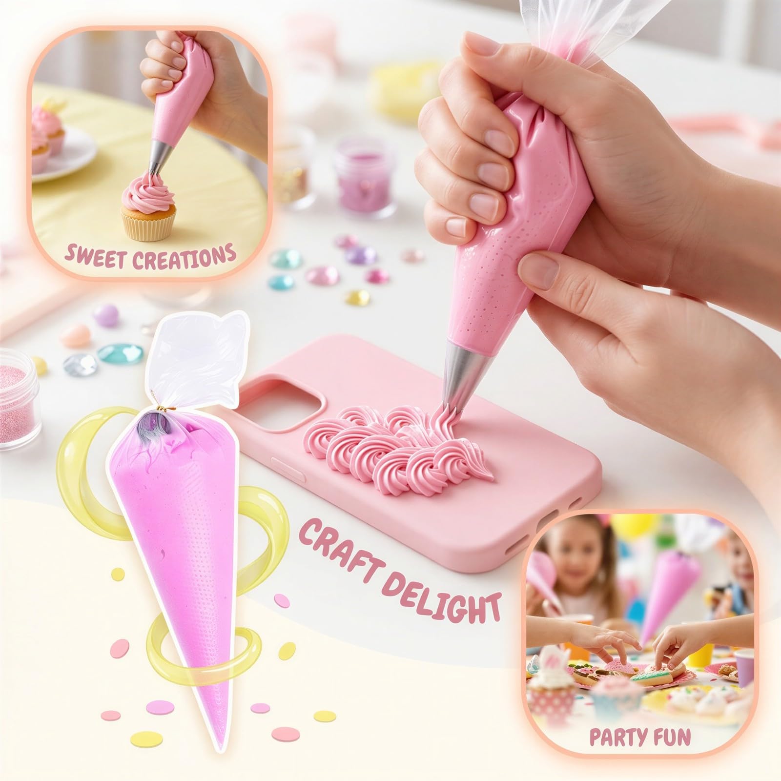 6 Stk. 50 g Fake-Schlagsahne-Kleber-Set, Candy-Farben Simulationsknete mit 6 Spritztüllen, DIY-Deko-Set, Weiß, Rosa, Gelb, Violett, Grün, Blau, für Geburtstage, Weihnachten und Feiern