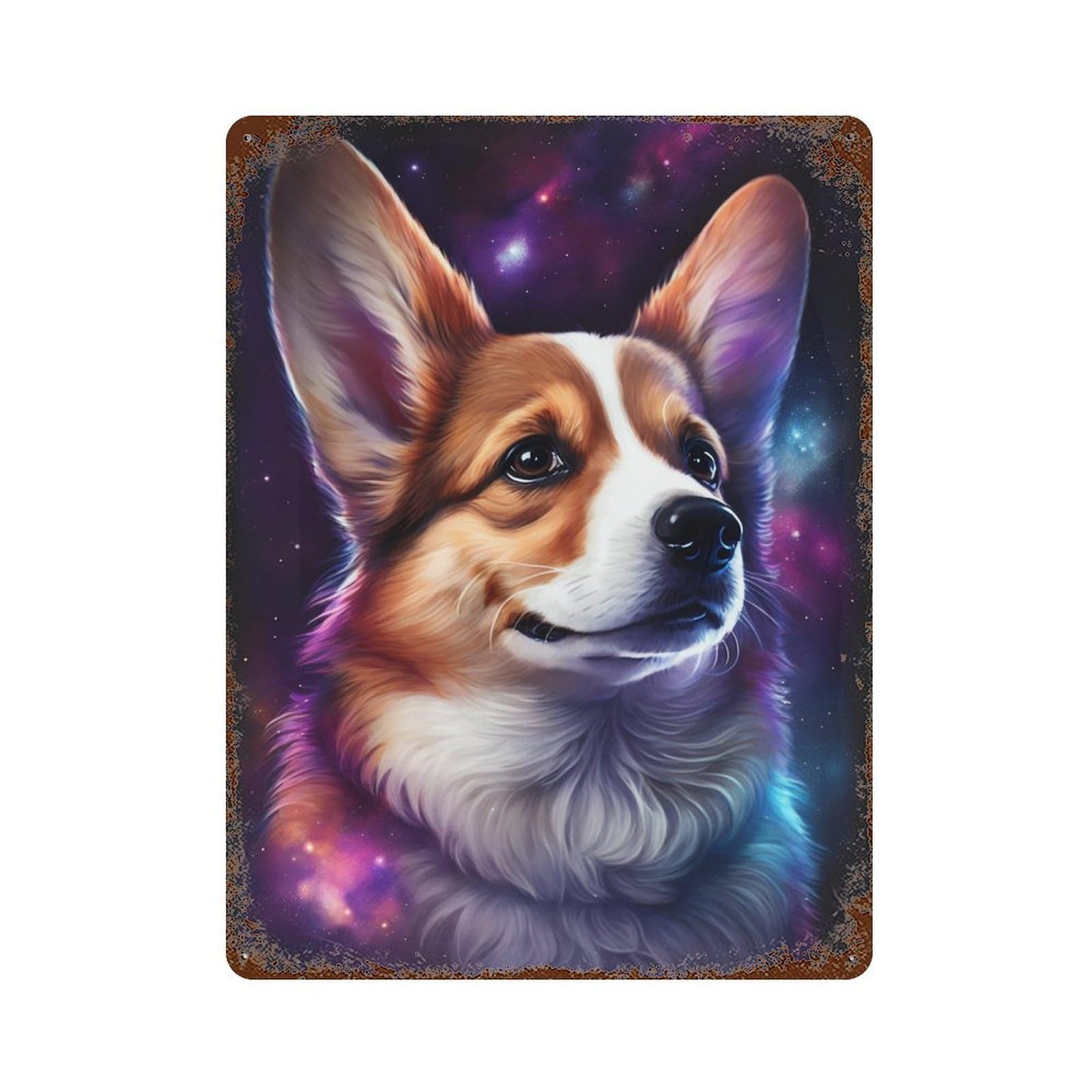 Rust Effect Cosmic Corgi Portrait-6 Aged Metal Wall Plaque 15.7"x11.8", Classic Wall Plaque for Basement, Hobby Room And Garage Decor