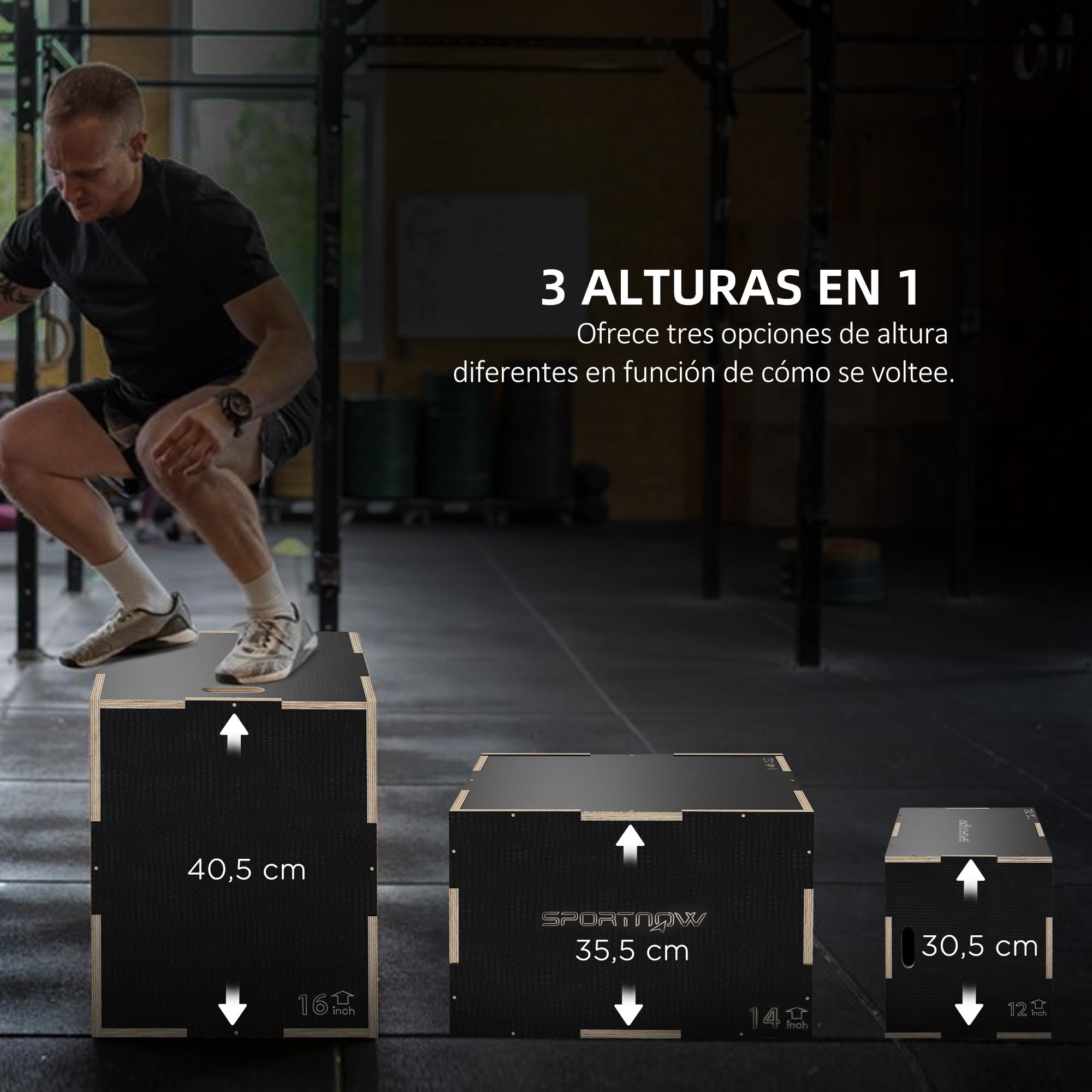 SPORTNOW Cajón Pliométrico Caja Pliométrica con 3 Alturas Diferentes Entrenamiento de Fuerza en Casa Oficina Gimnasia Carga 120 kg Negro