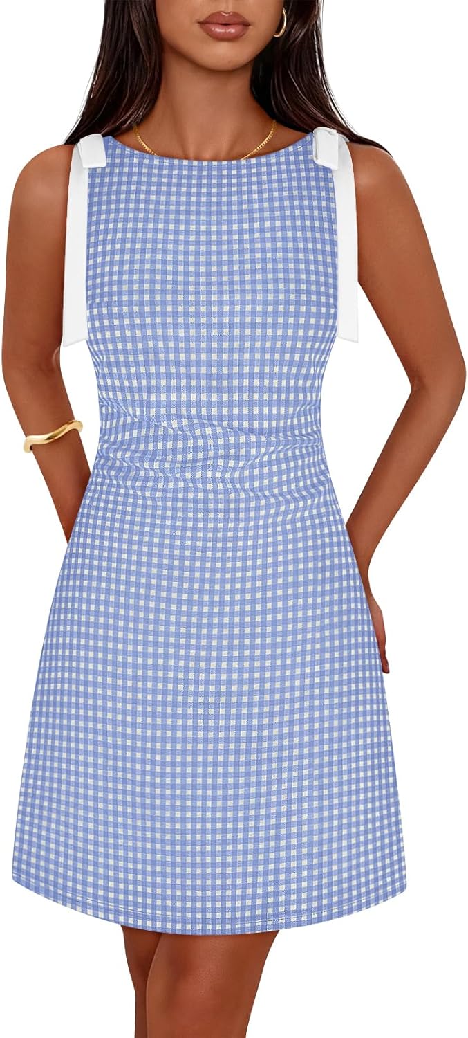 MEROKEETY Women's 2026 Summer Gingham Mini Dress Ruched Sleeveless Boat Neck Cocktail Party Beach Dresses