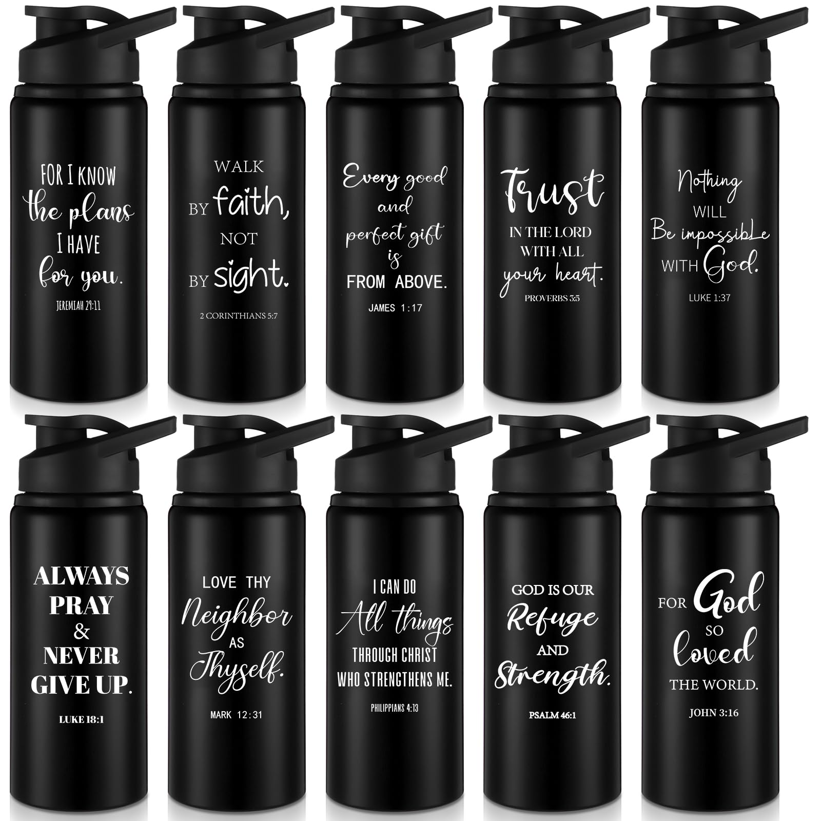 Skybooly 10 Pcs Christian Religious Aluminum Water Bottles Bulk with Snap Lids Multicolor Outdoor Leakproof Reusable Sports Water Bottles for Gym Travel Camping Gym Hiking Fishing(Black)