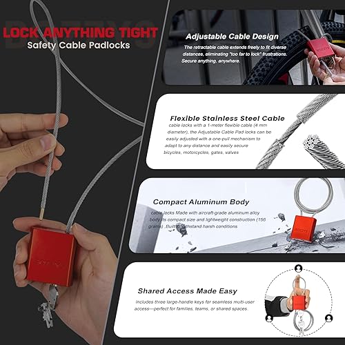 Miniatura 5 de Candado de cable con 3 llaves  Candado de cable de acero ajustable de 3.28 pies de largo (3.3 ft), D 16 pulgadas (0.157 in)  Cerraduras de aluminio