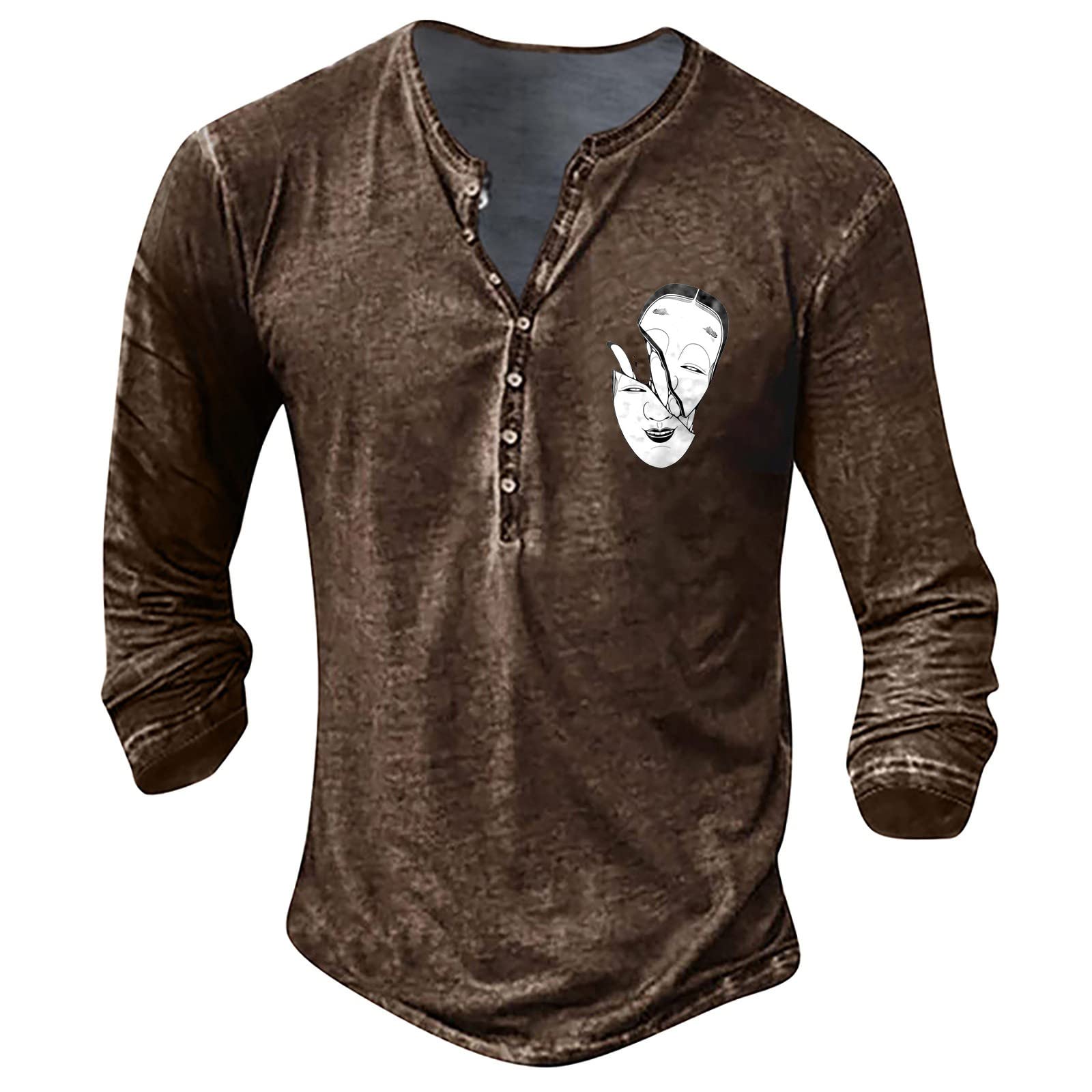 LSAltd Mens Henley Shirts,Ethnic Retro Printed Button-Down Crew Neck Top for Casual Military Golf Hiking Vintage Lightweight Long Sleeve Top for Outdoor Running Hiking Camping