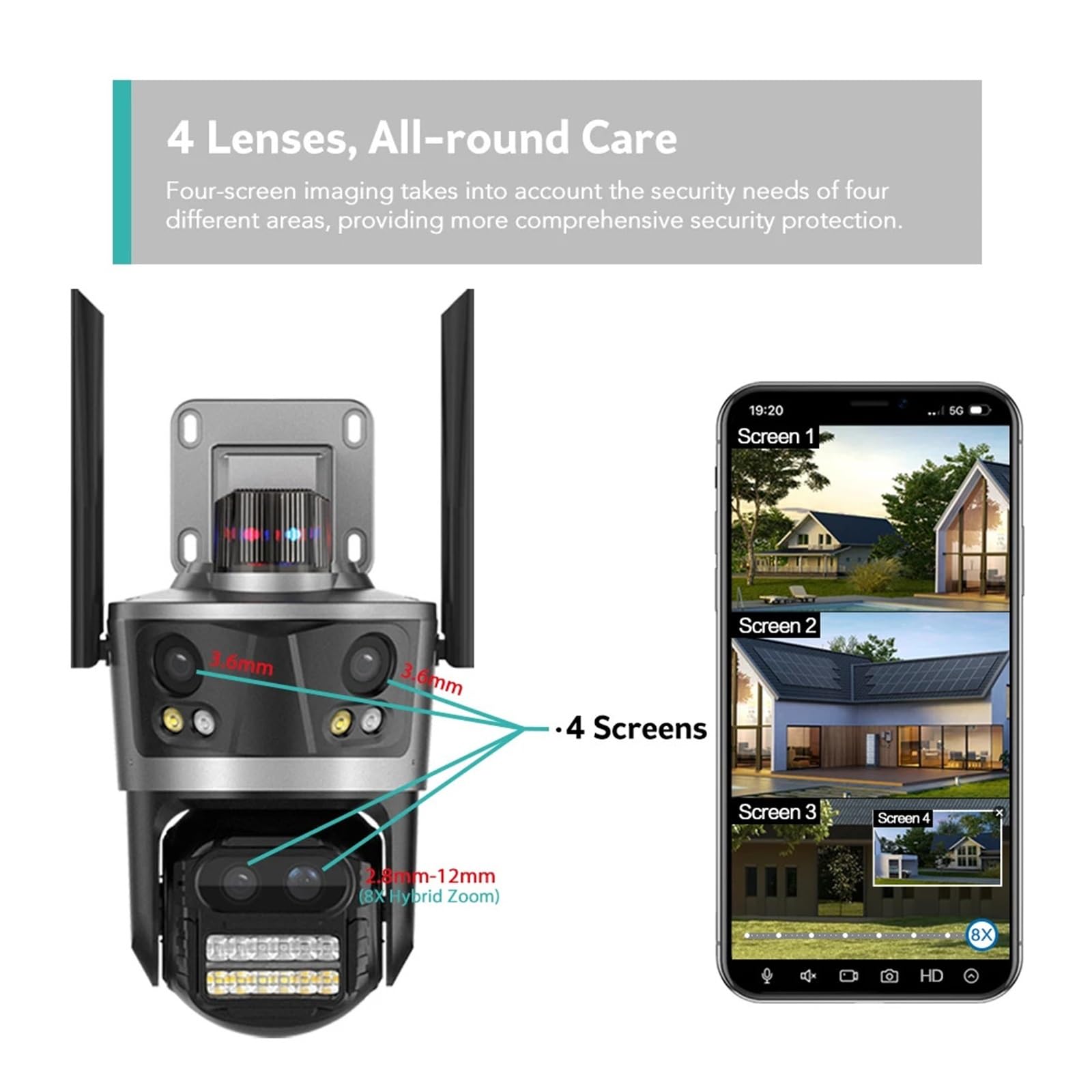 Telecamera WiFi PTZ for esterni 4K 8MP con obiettivo quadruplo | Telecamera CCTV con tracciamento automatico AI con display a 4 schermi e zoom 8X(Eu plug,Camera Add 128G Card)