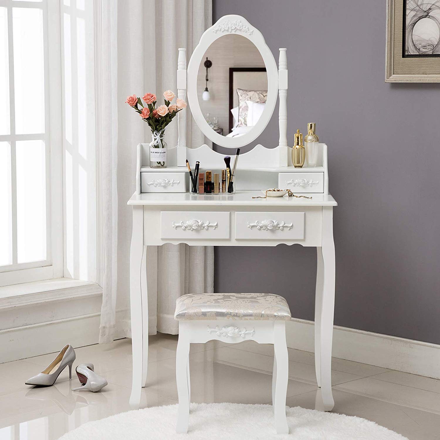 Unihome Makeup Vanity Table W Mirror Dressing Table White Makeup