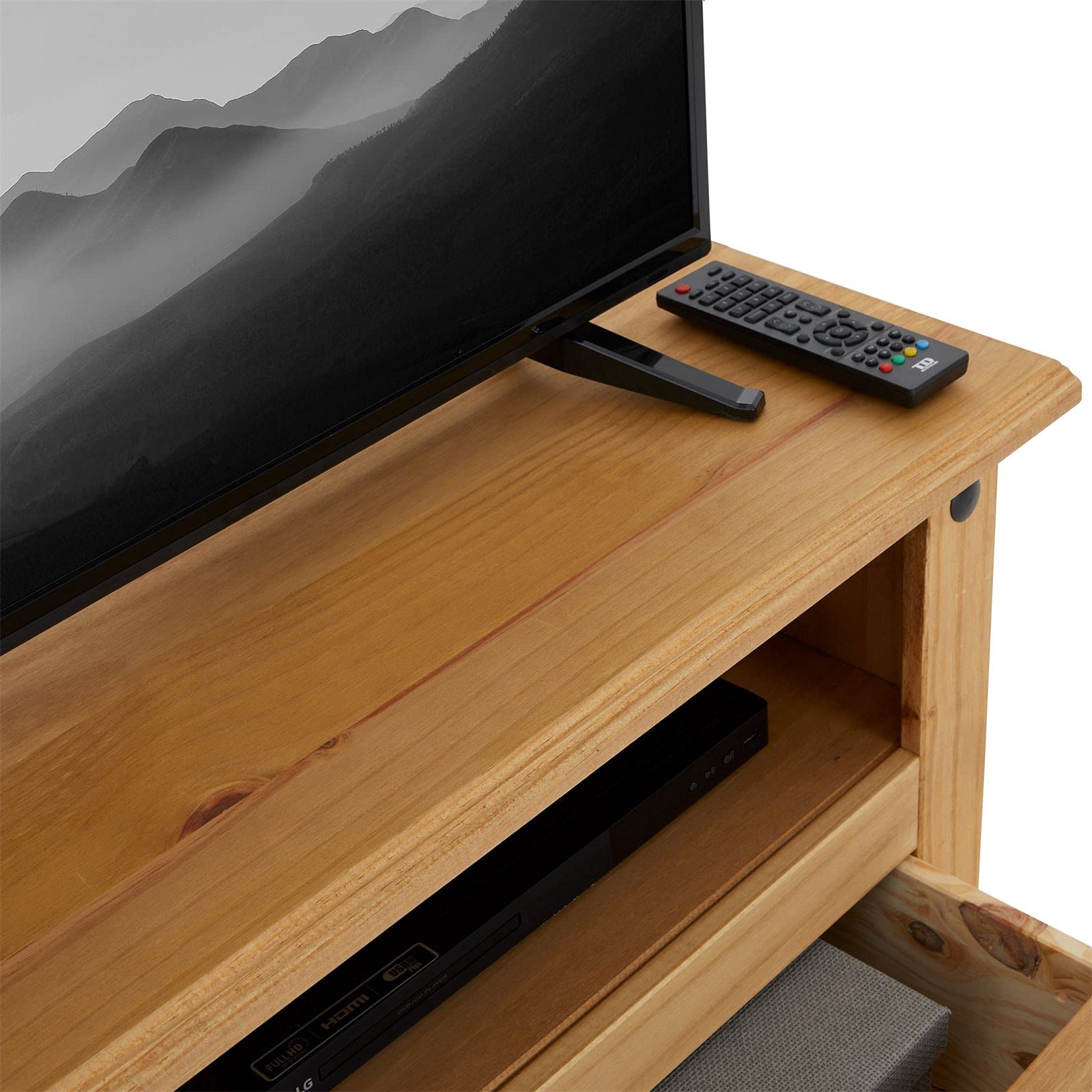 TV Lowboard Salsa 110 cm Fernsehtisch Mexiko Möbel Kiefer massiv gebeizt und gewachst, 2 Schubladen, 1 offenes Fach