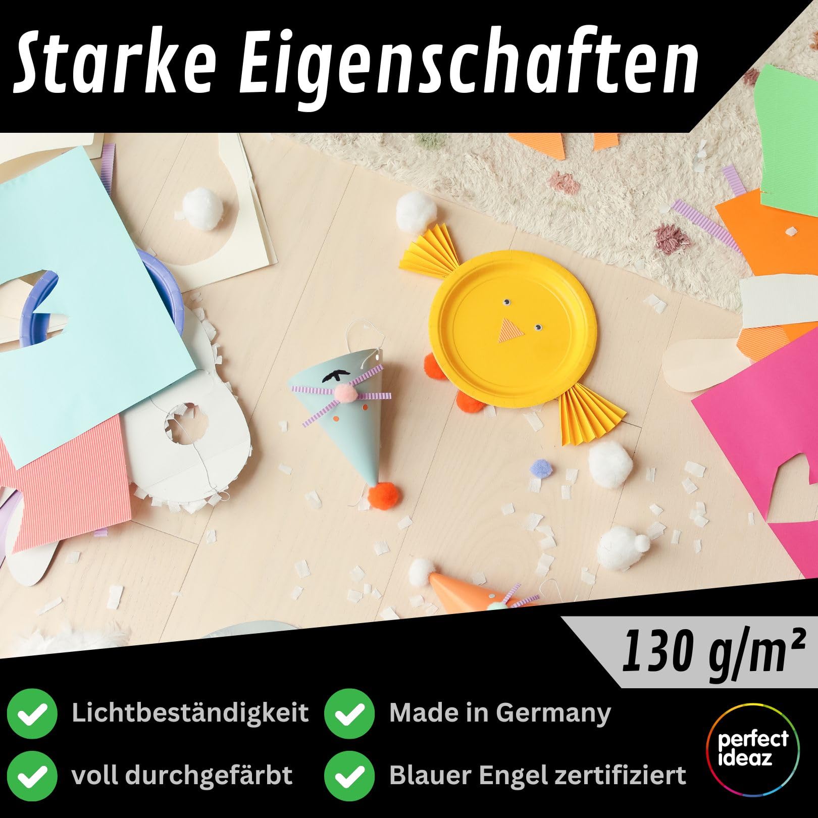 perfect ideaz - Tonpapier DIN A2 – 100 Blatt, 10 kräftige Farben, 130 g/m², voll durchgefärbt & lichtbeständig, Blauer Engel zertifiziert, Made in Germany – Bastelkarton