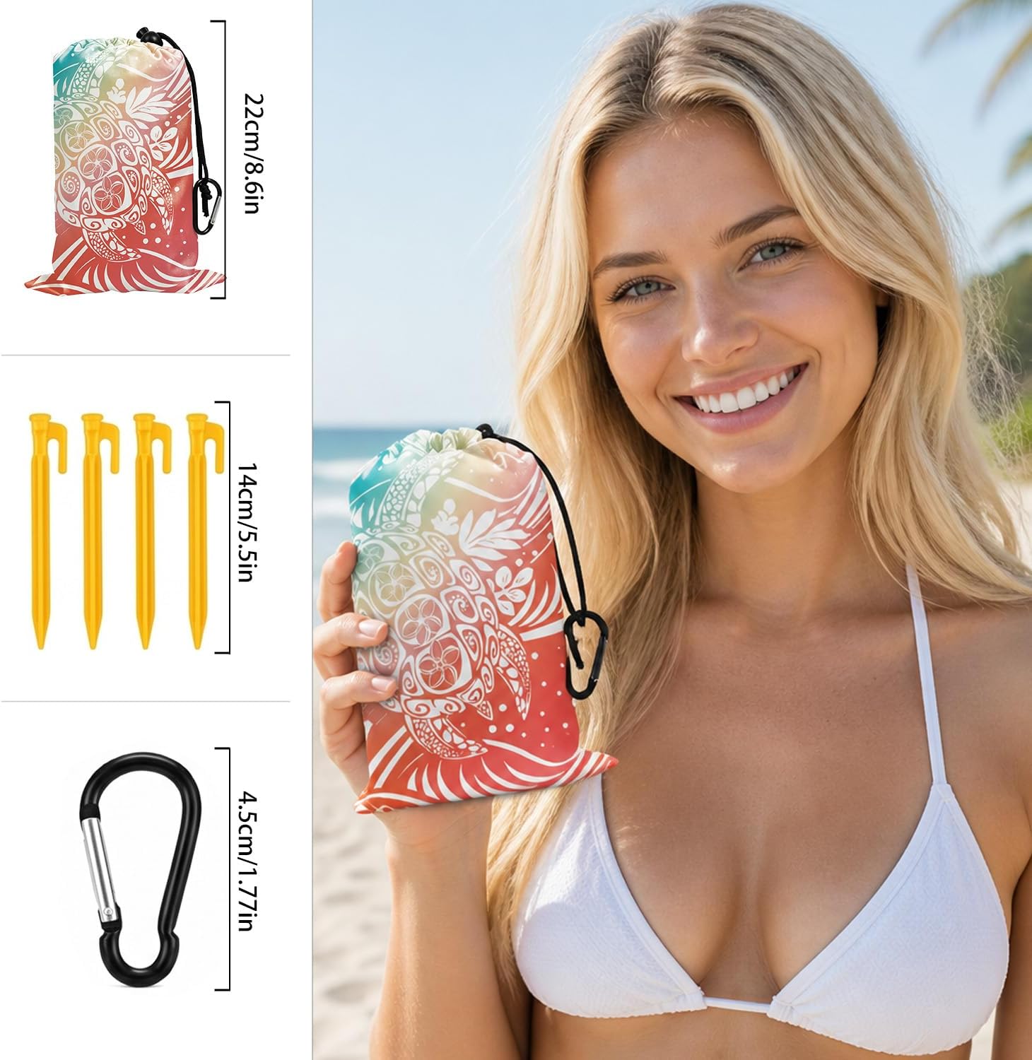 Beach Blanket Waterproof Sandproof, Summer Sea Turtle Beach Mat Sand Free with Anchors Stakes Carabiner and Bag, Camping Tarp for Outdoor Picnic Travel Camping Hiking 79”x 83”
