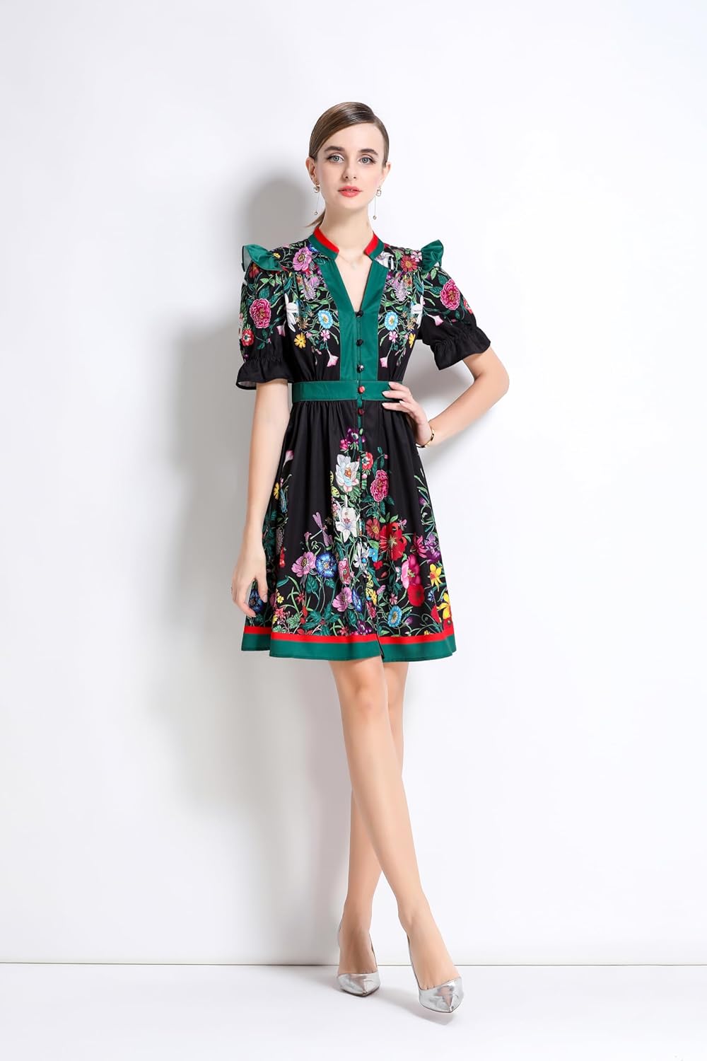 LAI MENG FIVE CATS Women's Button Up Short Puff Sleeve V-Neck Floral Print Split Casual Mini Dress - Image 5