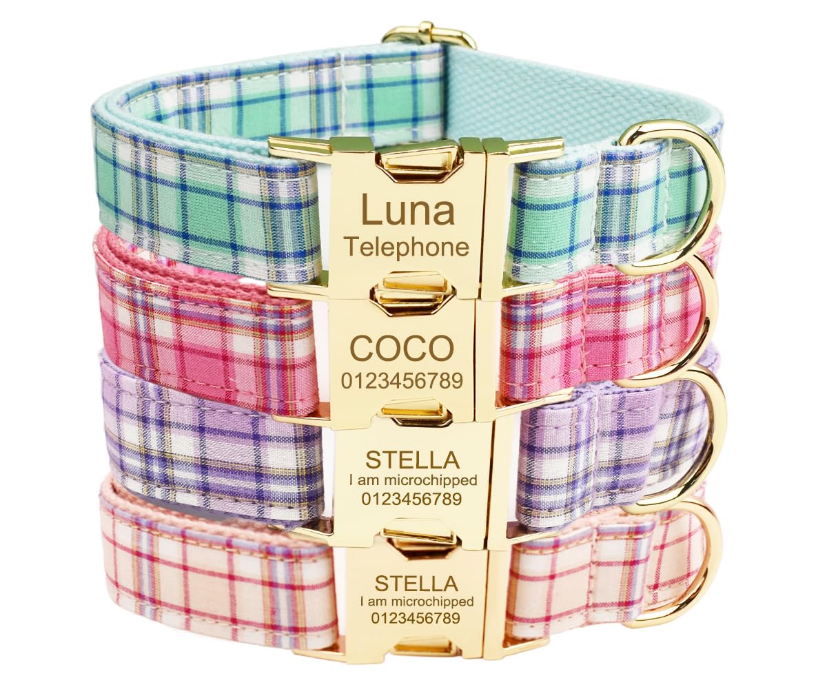 Custom Dog Collar with Metal Buckle - Pet Collars Personalized with Name and Phone Number (New Plaid Style)