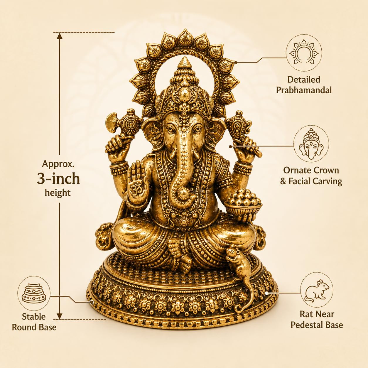 BEXCO Brass Ganesh ganpati Statue Height 3" inch (Approx), Hindu God Idol for Success and Wisdom, ganpati Statue for Hindu puja Room Home Decor