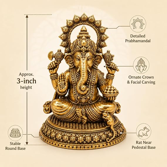 BEXCO Brass Ganesh ganpati Statue Height 3 inch (Approx), Hindu God Idol for Success and Wisdom, ganpati Statue for Hindu puja Room Home Decor