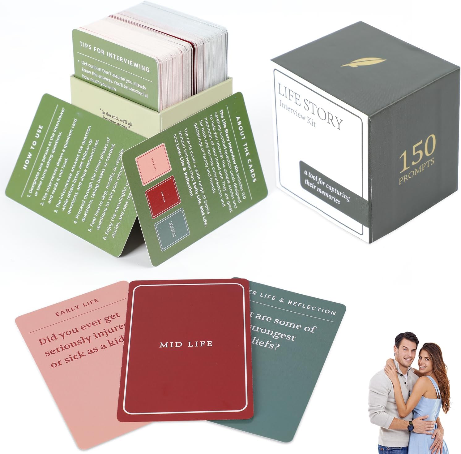 DyKay 150 Life Story Interview Kit Cards - Tales Life Story Interview Kit- Get to Know Parents and Grandparents for Family Game Night with Curated Question Cards