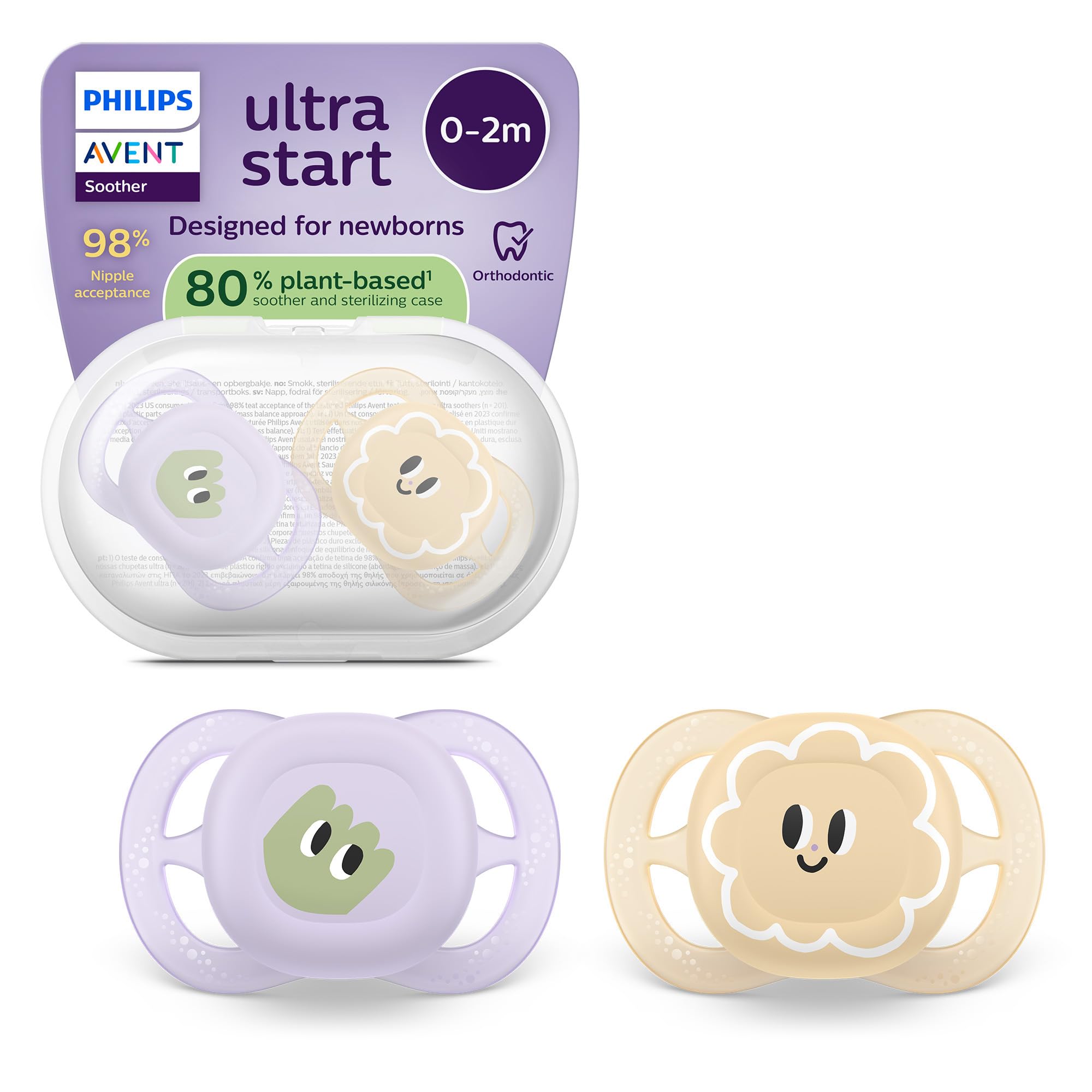 Philips Avent ultra start Schnuller – kiefergerecht geformtes Design, für Neugeborene, weicher, symmetrischer Silikonsauger, BPA-frei, mit Sterilisationsbehälter, 2er-Pack, SCF075/13