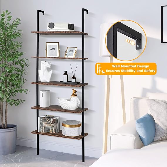 5 Tier Wall Mounted Ladder Shelf, Ladder Bookshelf with Metal Frame and Wood Shelf, Modern Learning Bookcase for Living Room, Bedroom, Office (23.6 W x 11.8 D x 70.8 H, Rustic Brown)