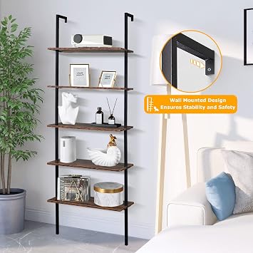 5 Tier Wall Mounted Ladder Shelf, Ladder Bookshelf with Metal Frame and Wood Shelf, Modern Learning Bookcase for Living Room, Bedroom, Office (23.6 W x 11.8 D x 70.8 H, Rustic Brown)
