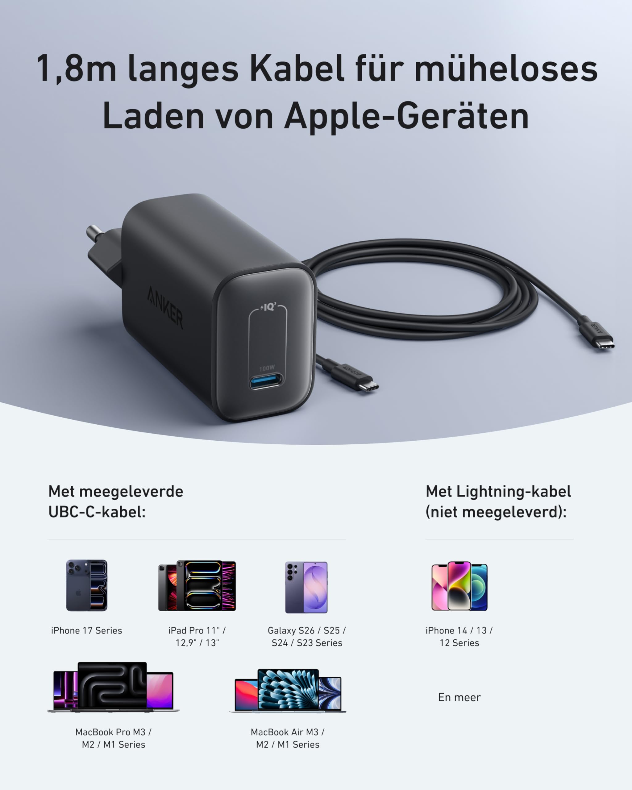 Anker Nano 100W USB C Ladegerät, Laptop Ladegerät, Netzteil für MacBook, iPad, iPhone 17/16, Galaxy und alle USB-C Geräte, 1,8m USB-C Kabel inklusive (Schwarz)