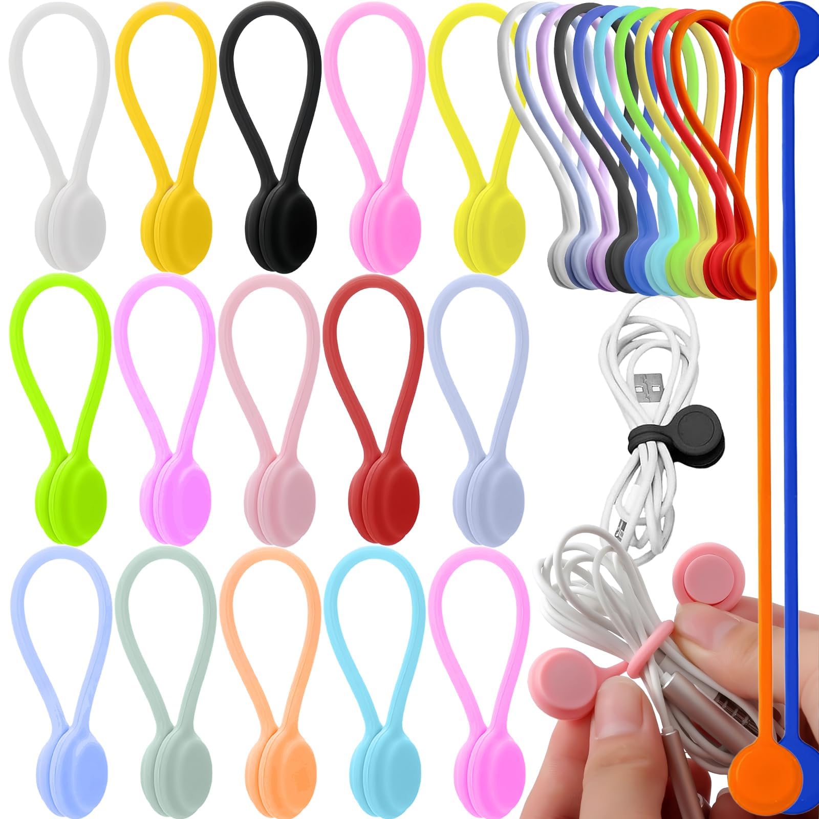 15 PCS Magnetic Cable Ties Silicone Cable Clips, Magnetic Cable Clips, Random Color Magnetic Ties for Managing Bundling Wires, Earphone Cables Wrap and Snap Magnetic Ties Manager for Office Home