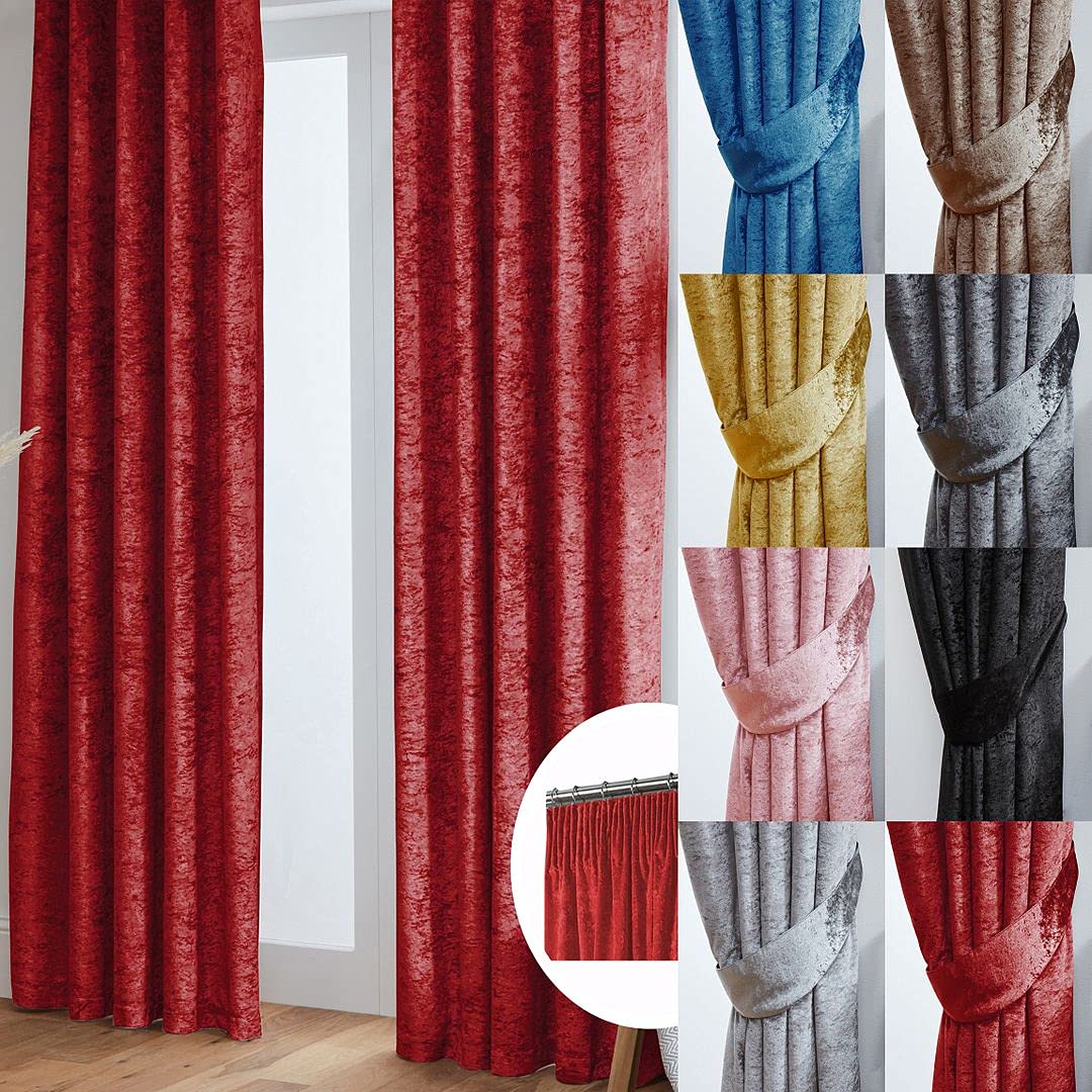 John Aird Red Crushed Velvet Fully Lined Pencil Pleat Curtains (, 66" Wide X 54" Drop)