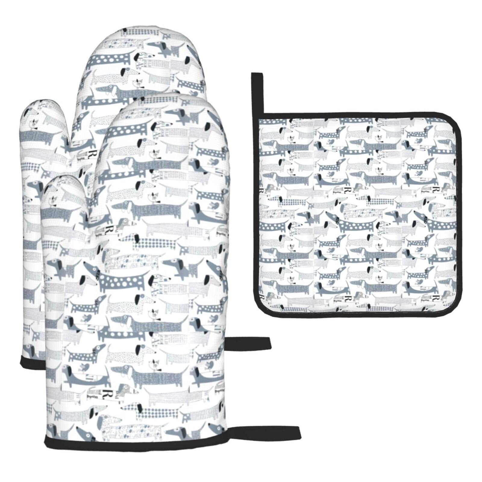 Cute Dachshund Dog Print Oven Mitts Kitchen Gloves Set Everyday Baking Grilling Microwaving Cooking Gift